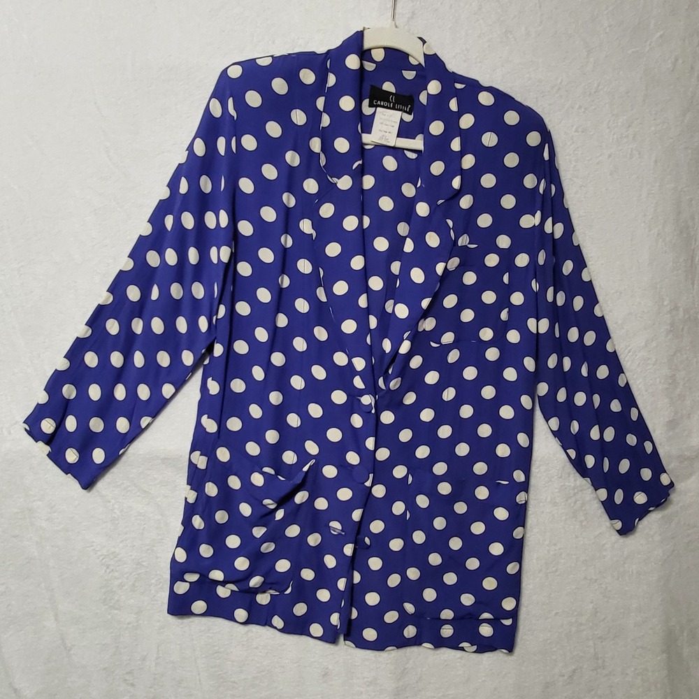 Vintage Carole Little Blazer Crepe Polka Dot Career Casual Blue‎ White Size 8